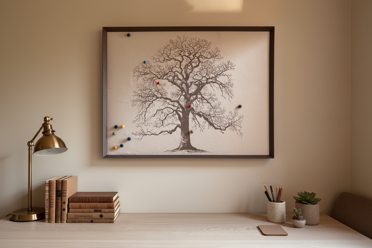 Moodboard árbol en sala de estudio